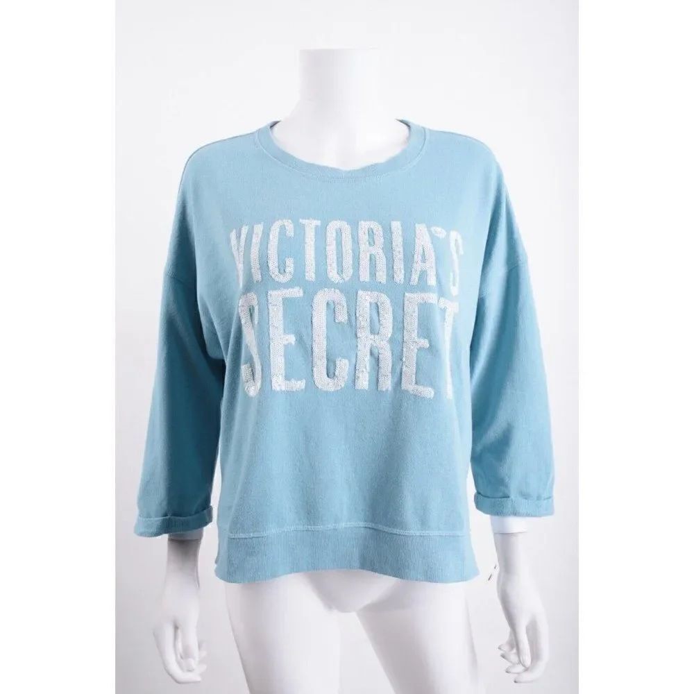 Victorias Secret Womens Sweatshirt Blue White Sequin Spellout Logo M Medium